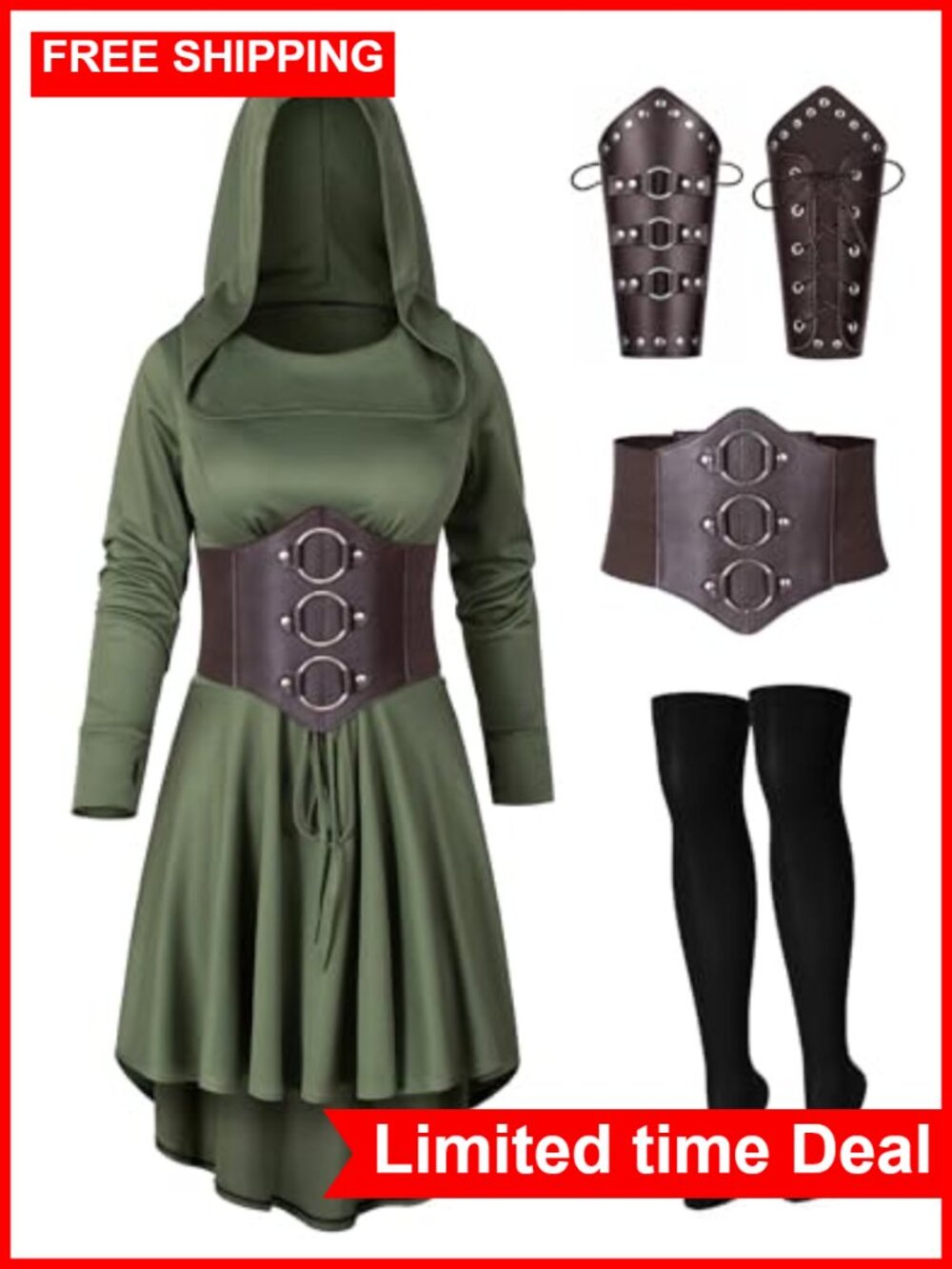 Women Medieval Renaissance Hooded Dress Set w/ Faux Leather Belt Bracers